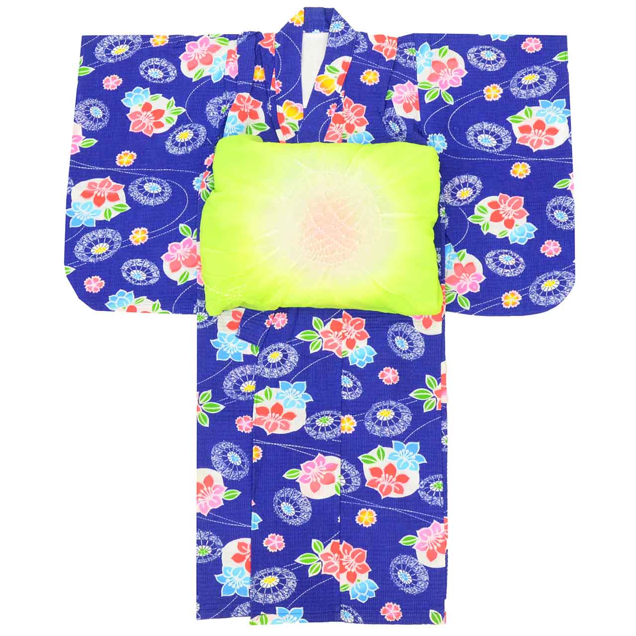 [Used] Girls' Yukata Set with Heiko Obi (Sash), Cotton, Recycled Yukata, Kids Size 100, Navy Blue with Floral and Umbrella Pattern, uu1225b 