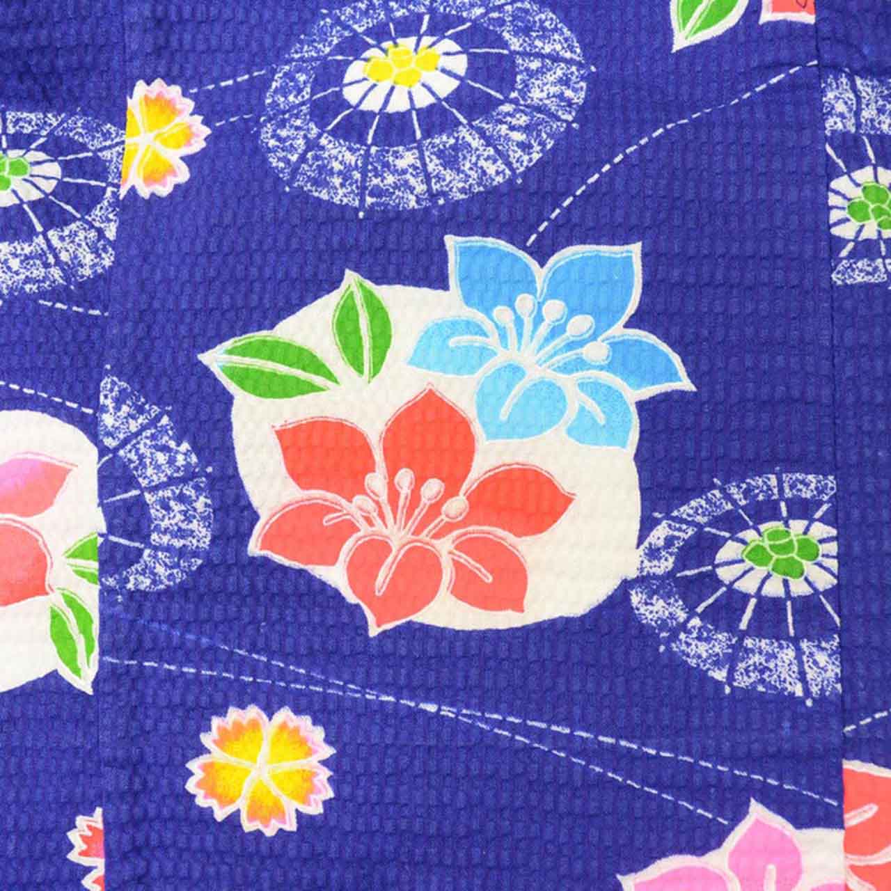 [Used] Girls' Yukata Set with Heiko Obi (Sash), Cotton, Recycled Yukata, Kids Size 100, Navy Blue with Floral and Umbrella Pattern, uu1225b 