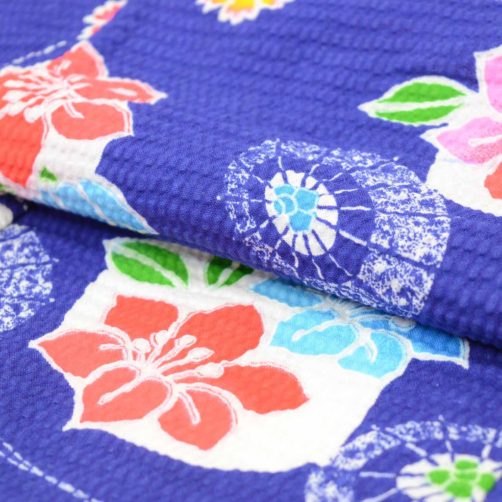 [Used] Girls' Yukata Set with Heiko Obi (Sash), Cotton, Recycled Yukata, Kids Size 100, Navy Blue with Floral and Umbrella Pattern, uu1225b 