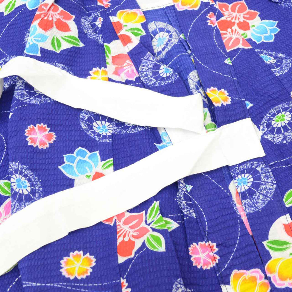 [Used] Girls' Yukata Set with Heiko Obi (Sash), Cotton, Recycled Yukata, Kids Size 100, Navy Blue with Floral and Umbrella Pattern, uu1225b 
