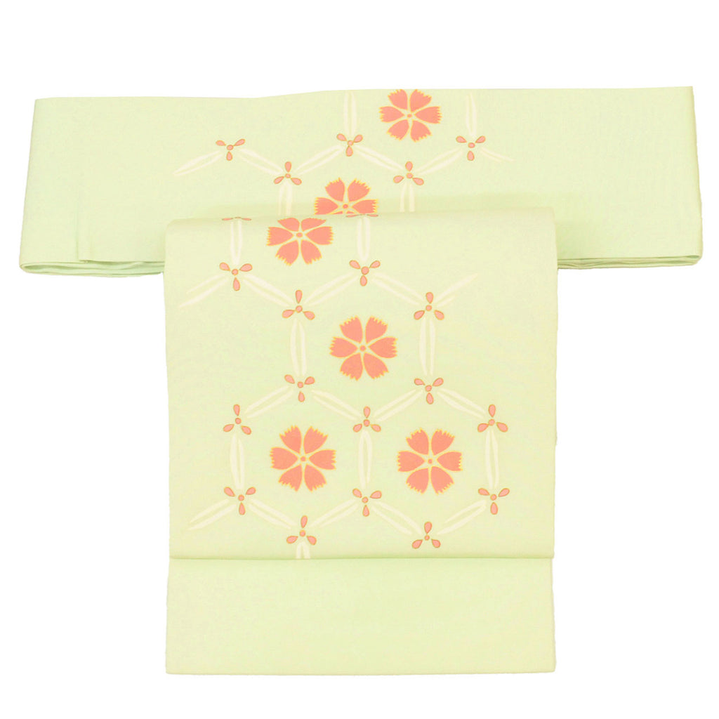 Vintage Japanese Obi | Nagoya Obi | Green Silk Habutae | Tortoiseshell Floral | Gold Foil | Dye-painted | Sustainable | uu1229b