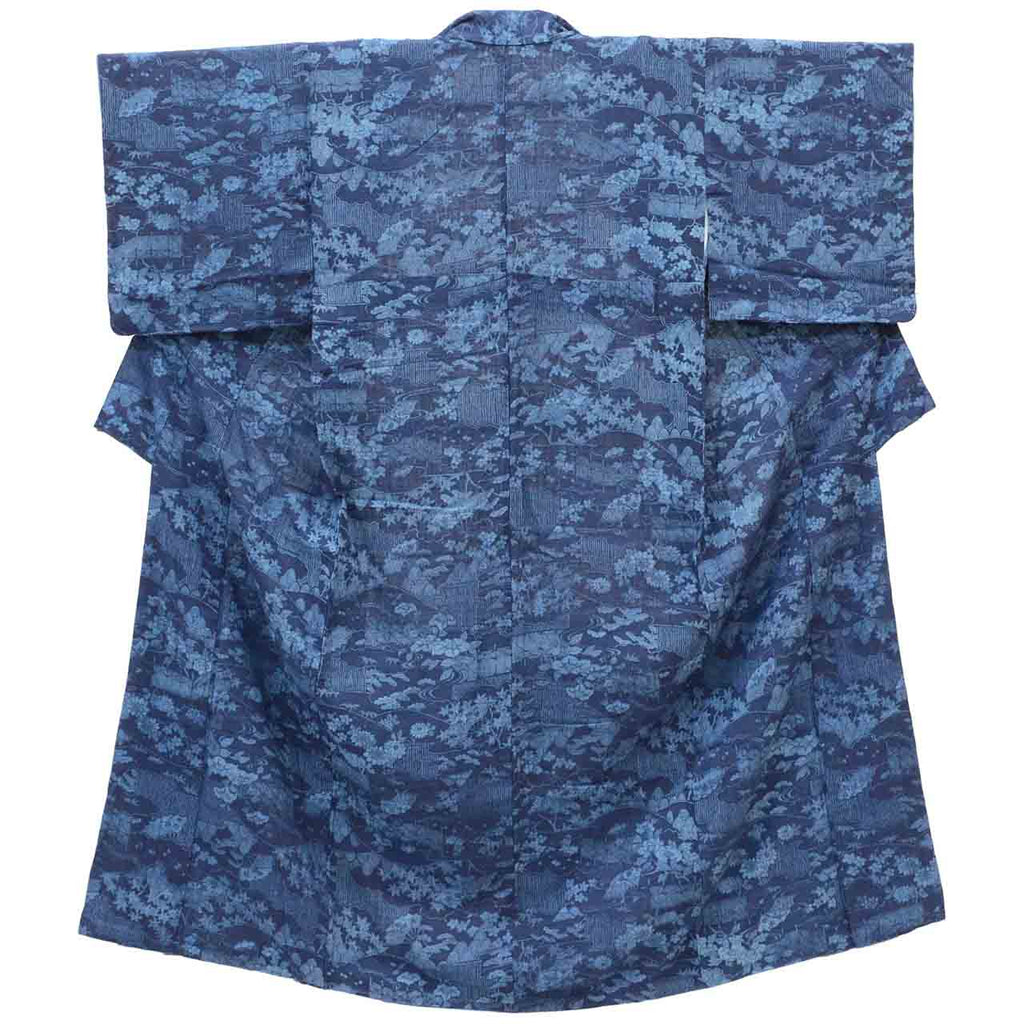 [Used] Recycled Kimono, Silk Tsumugi, Genuine Indigo Dye, Lined, Pure Silk, Ready-made, with Certificate of Authenticity, Sleeve Length 63.0cm (24.8in), Body Length 154.0cm (60.6in), Size S, Navy Blue, Landscape Pattern, uu1235b 