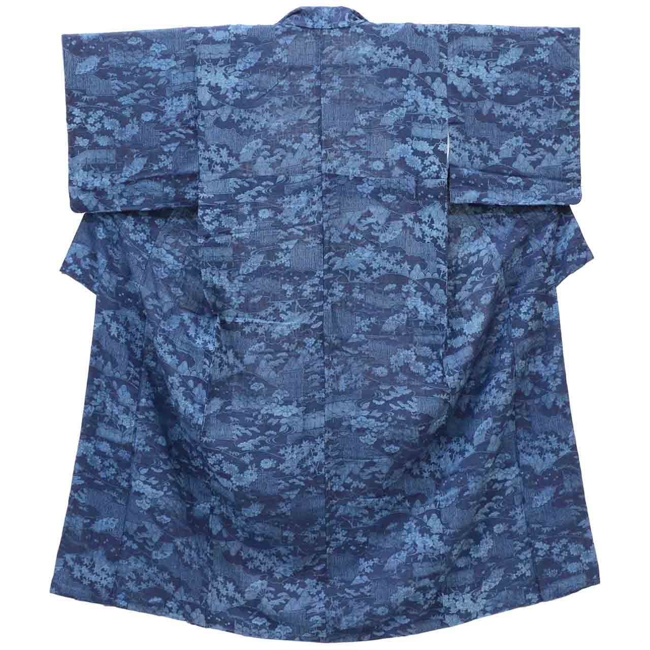 [Used] Recycled Kimono, Silk Tsumugi, Genuine Indigo Dye, Lined, Pure Silk, Ready-made, with Certificate of Authenticity, Sleeve Length 63.0cm (24.8in), Body Length 154.0cm (60.6in), Size S, Navy Blue, Landscape Pattern, uu1235b 