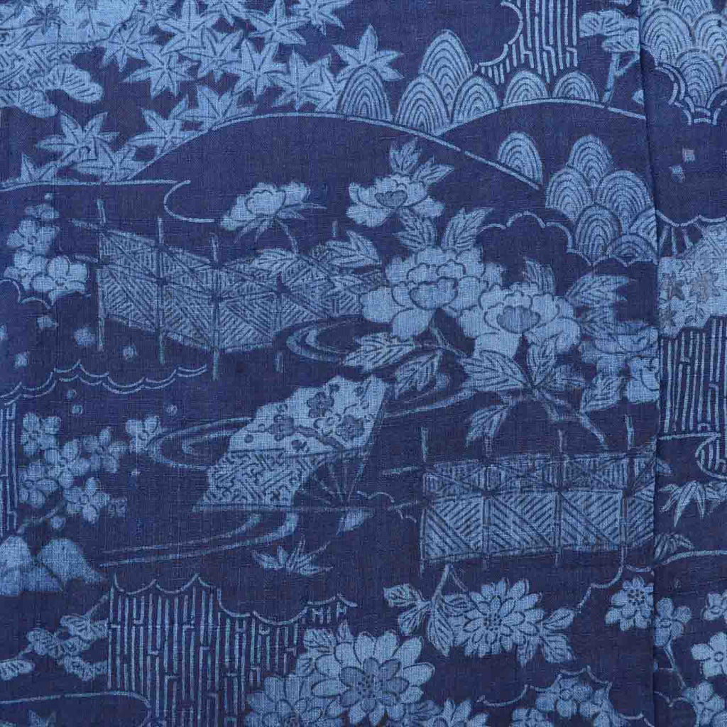 [Used] Recycled Kimono, Silk Tsumugi, Genuine Indigo Dye, Lined, Pure Silk, Ready-made, with Certificate of Authenticity, Sleeve Length 63.0cm (24.8in), Body Length 154.0cm (60.6in), Size S, Navy Blue, Landscape Pattern, uu1235b 