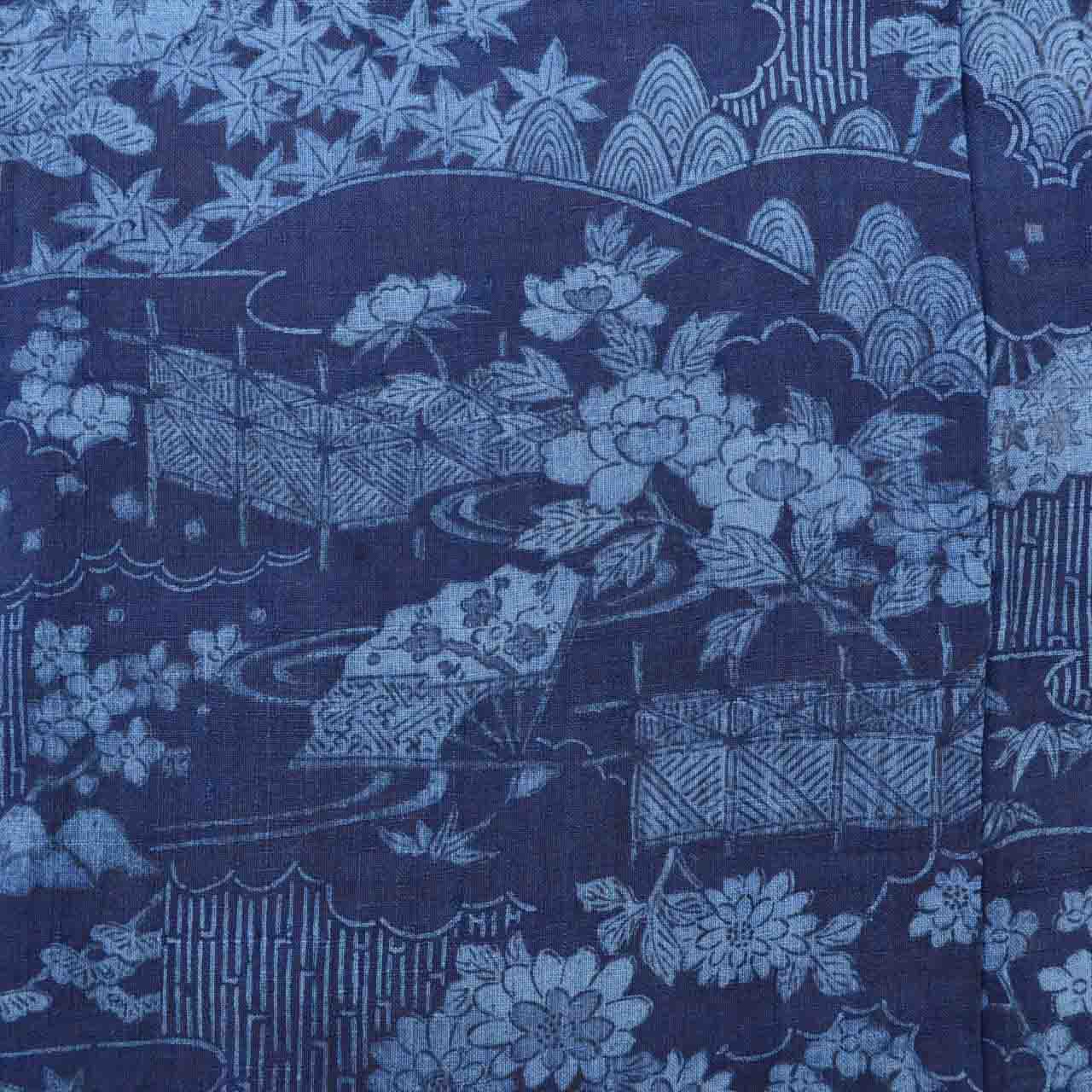 [Used] Recycled Kimono, Silk Tsumugi, Genuine Indigo Dye, Lined, Pure Silk, Ready-made, with Certificate of Authenticity, Sleeve Length 63.0cm (24.8in), Body Length 154.0cm (60.6in), Size S, Navy Blue, Landscape Pattern, uu1235b 