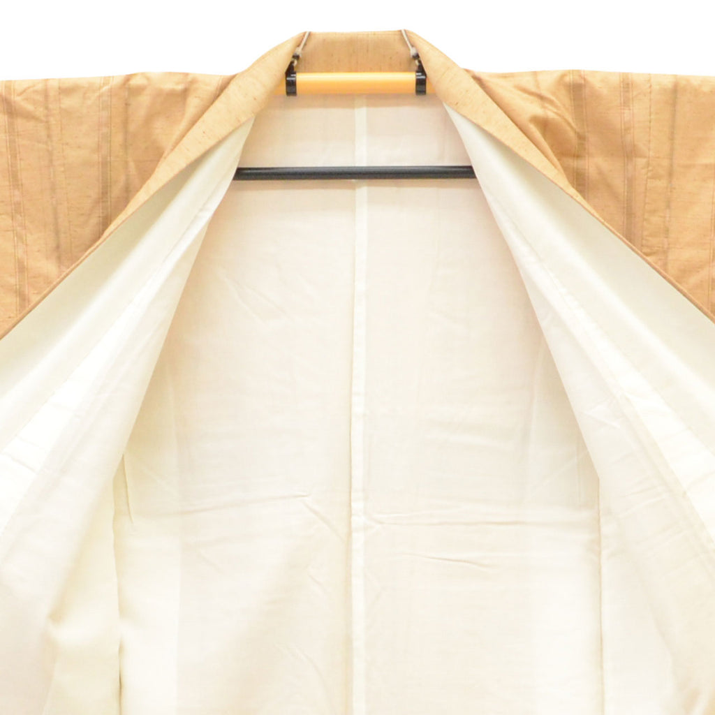 [Used] Recycled Kimono, Tsumugi Silk, Lined, Ready-made, Sleeve Length 64.7cm (25.5in), Body Length 159.2cm (62.7in), Size M, Brown with Stripe Pattern, uu1237b 