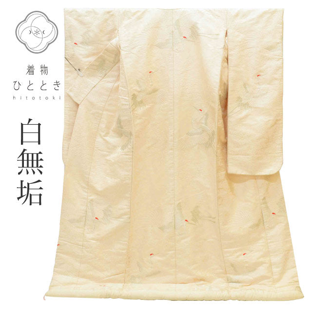 【中古】 リサイクル着物 白無垢 花嫁衣装 正絹 裄69cm 身丈196cm LL 白色系 鶴文様 唐織 銀糸 uu1240b