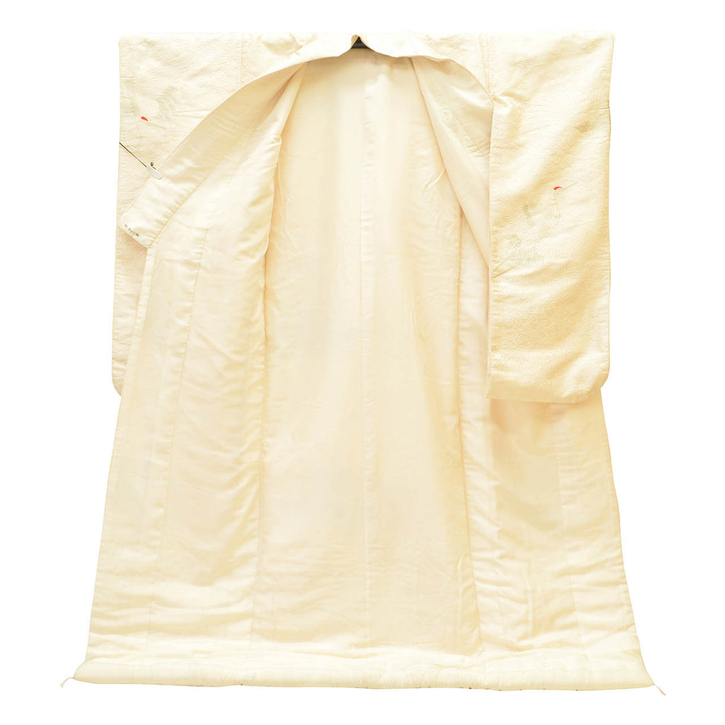 Vintage Japanese Kimono | Shiromuku | Cream Silk | Crane Pattern | Kara-ori Silver Thread | Tall Size LL | Sustainable | uu1240b