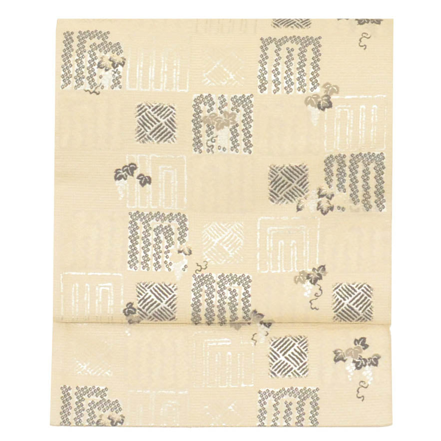 Vintage Japanese Obi | Fukuro Obi | Beige Silk | Genji-ko Grape Pattern | Silver Thread | Excellent | Sustainable | uu1251b