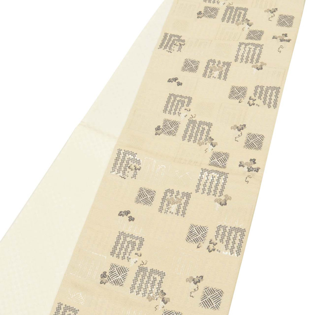 Vintage Japanese Obi | Fukuro Obi | Beige Silk | Genji-ko Grape Pattern | Silver Thread | Excellent | Sustainable | uu1251b
