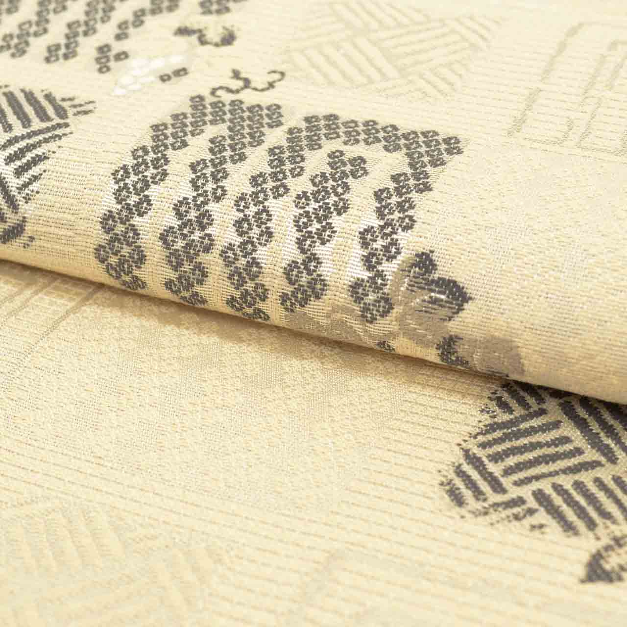 Vintage Japanese Obi | Fukuro Obi | Beige Silk | Genji-ko Grape Pattern | Silver Thread | Excellent | Sustainable | uu1251b