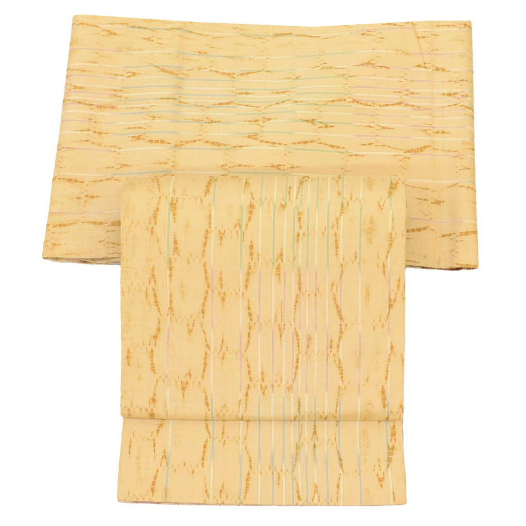 Vintage Japanese Obi | Sha-re Fukuro Obi | Brown Silk | Stripe Shibori Pattern | Tsumugi | Excellent | Sustainable | uu1252b