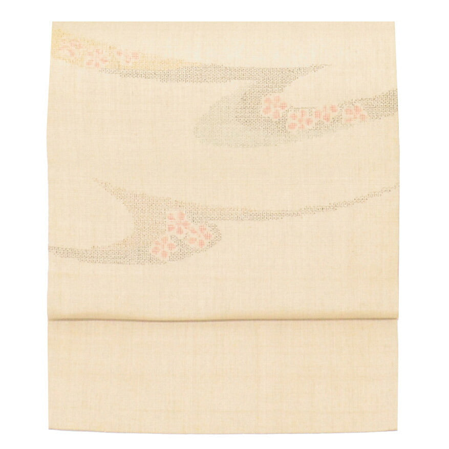 Vintage Japanese Obi | Sha-re Fukuro Obi | Beige Silk Yuki Tsumugi | Tortoiseshell Floral | Otaiko | Sustainable | uu1254b