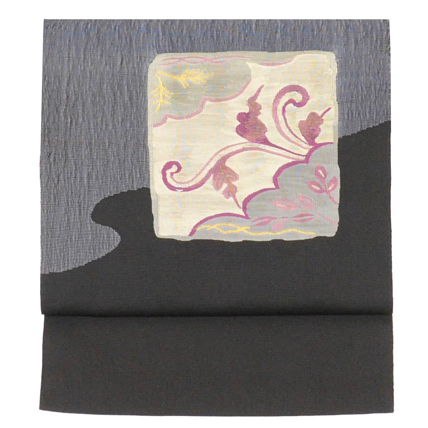 Vintage Japanese Obi | Sha-re Fukuro Obi | Black Silk | Color Paper Botanical | Juraku Taiou-murasaki | Sustainable | uu1255b