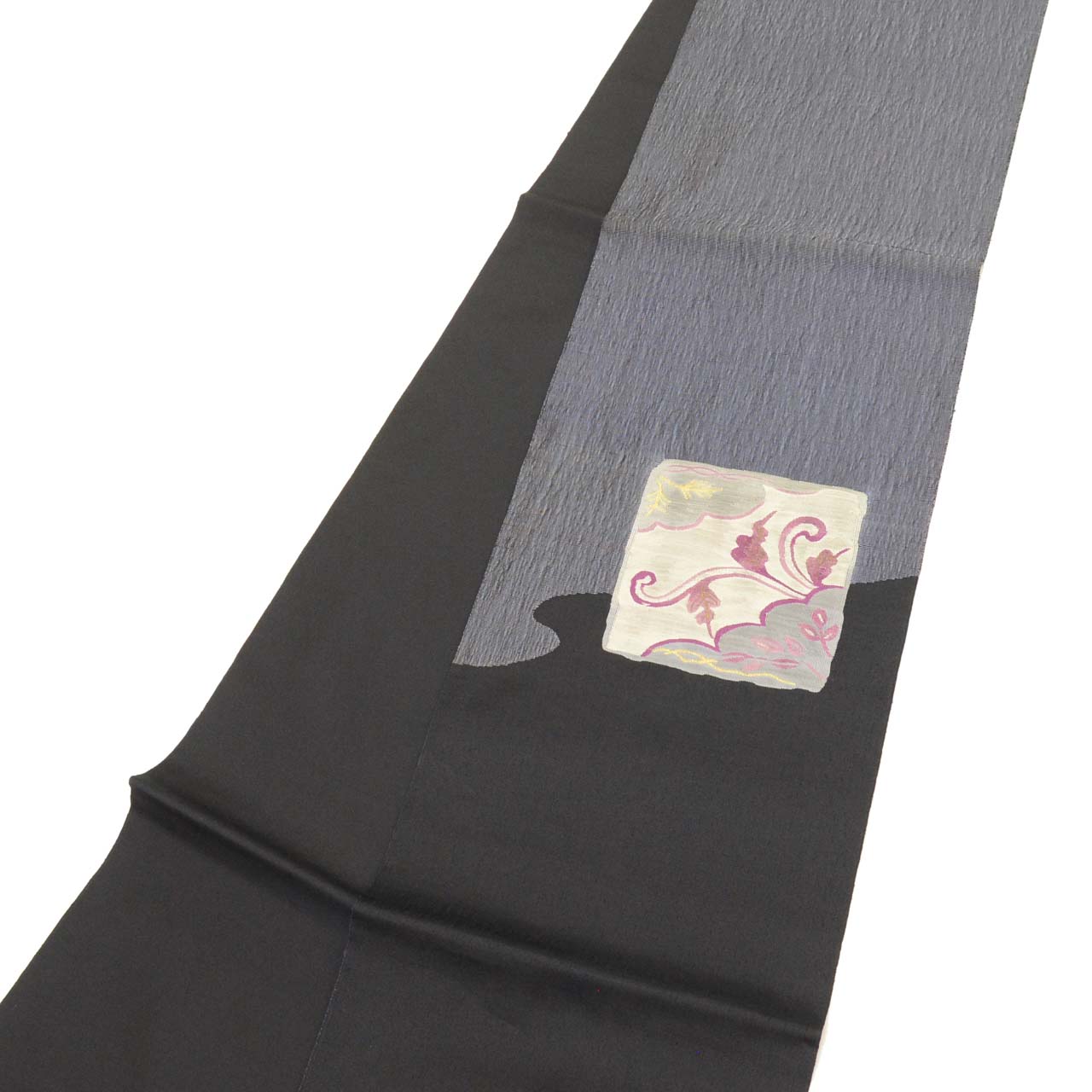 Vintage Japanese Obi | Sha-re Fukuro Obi | Black Silk | Color Paper Botanical | Juraku Taiou-murasaki | Sustainable | uu1255b