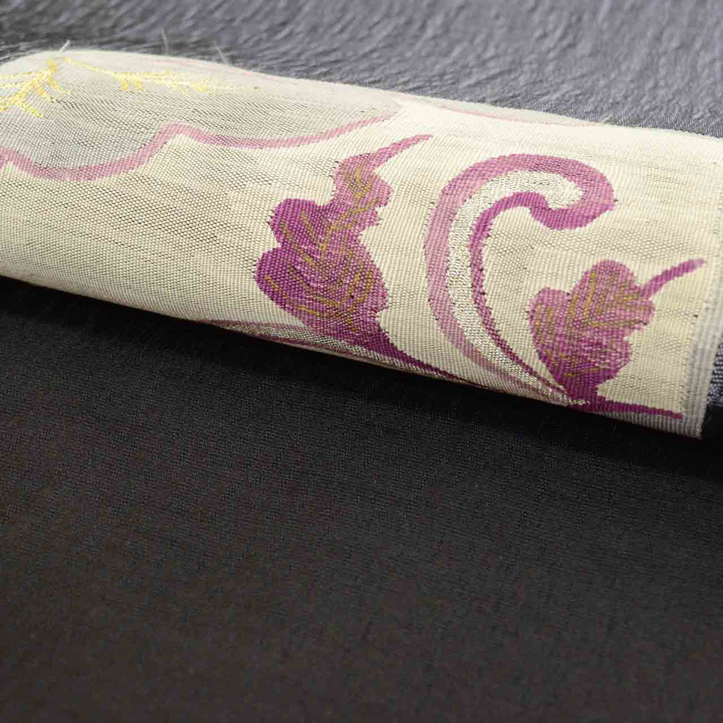 Vintage Japanese Obi | Sha-re Fukuro Obi | Black Silk | Color Paper Botanical | Juraku Taiou-murasaki | Sustainable | uu1255b