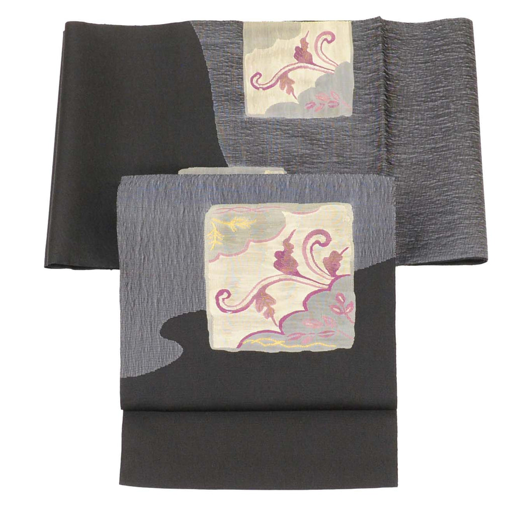 Vintage Japanese Obi | Sha-re Fukuro Obi | Black Silk | Color Paper Botanical | Juraku Taiou-murasaki | Sustainable | uu1255b