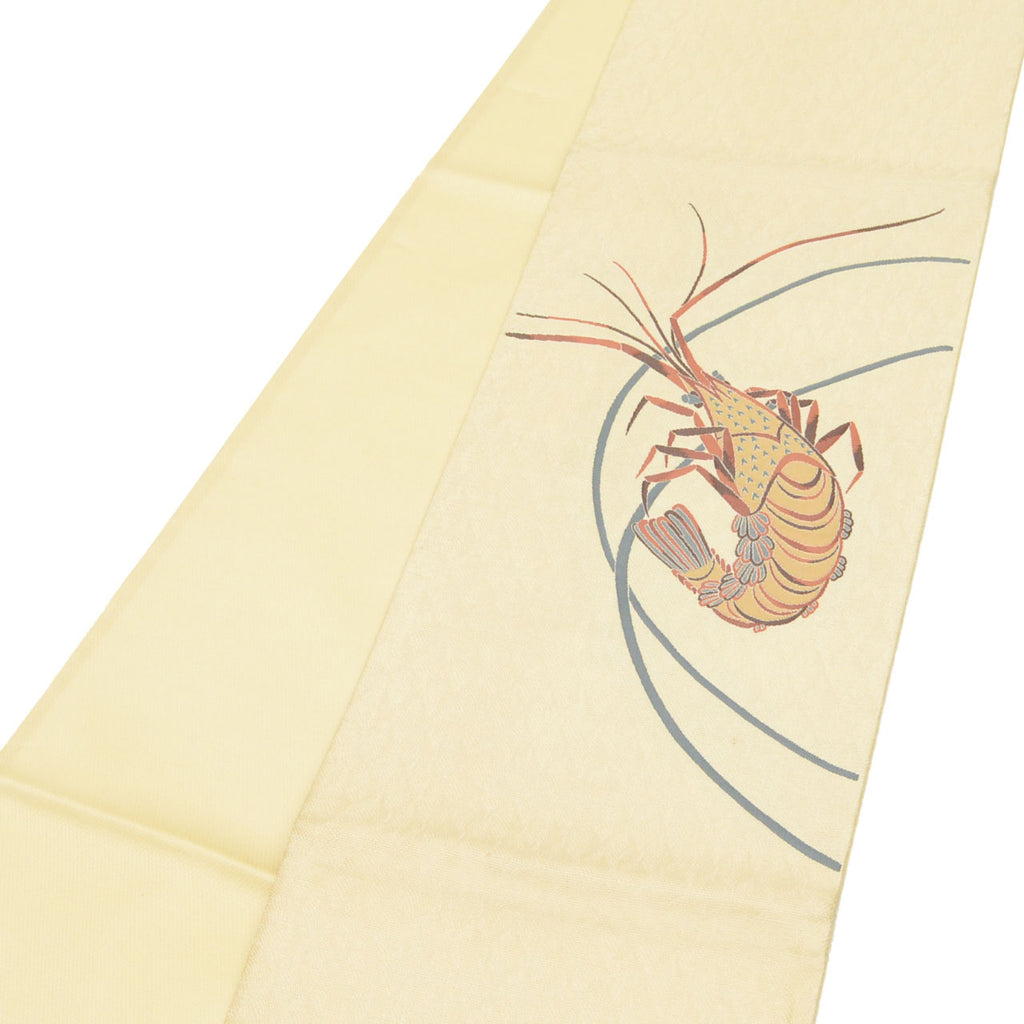 Vintage Japanese Obi | Summer Sha-re Fukuro Obi | Beige Silk | Shrimp Pattern | Gold Thread | Otaiko | Sustainable | uu1259b