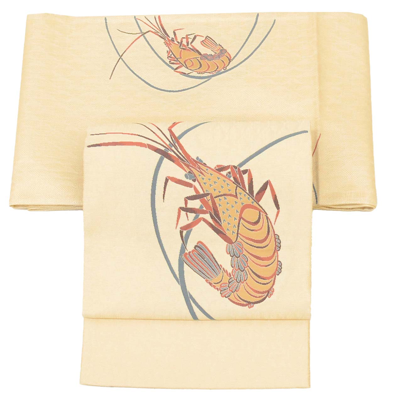 Vintage Japanese Obi | Summer Sha-re Fukuro Obi | Beige Silk | Shrimp Pattern | Gold Thread | Otaiko | Sustainable | uu1259b