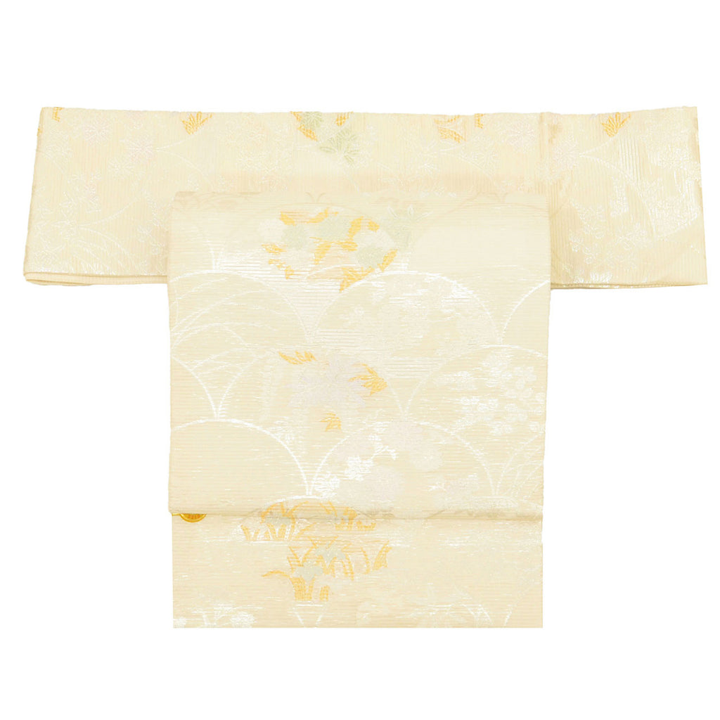 Vintage Japanese Obi | Summer Nagoya Obi | Cream Mixed Weave Ro | Autumn Botanical | Nishijin Certified | Sustainable | uu1261b
