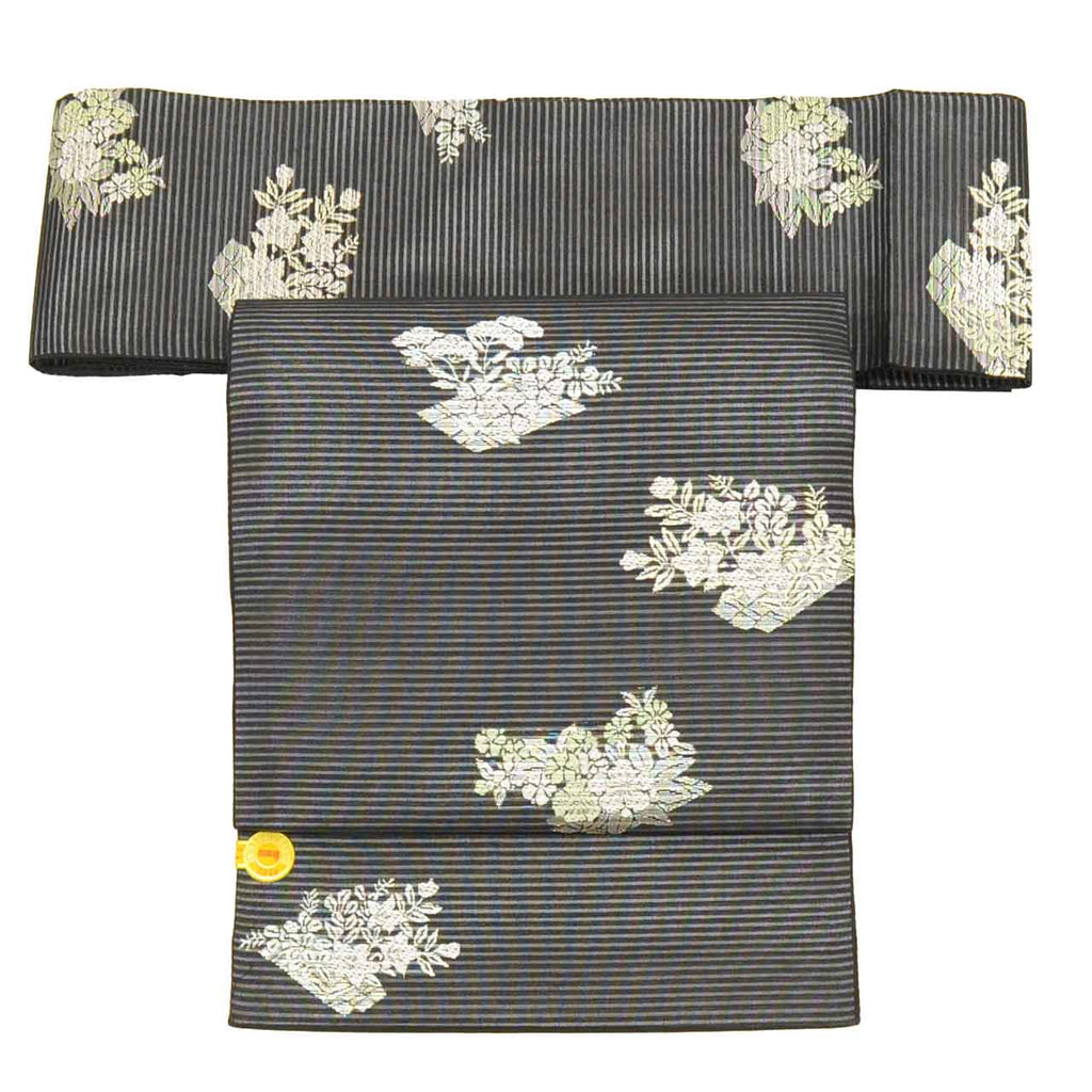 Vintage Japanese Obi | Summer Nagoya Obi | Black Mixed Weave Ro | Floral | Nishijin Certified | Silver Thread | Sustainable | uu1262b
