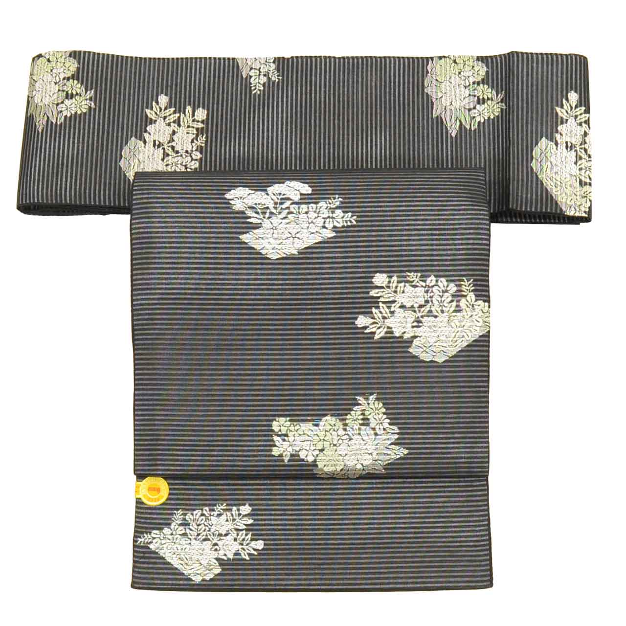 Vintage Japanese Obi | Summer Nagoya Obi | Black Mixed Weave Ro | Floral | Nishijin Certified | Silver Thread | Sustainable | uu1262b