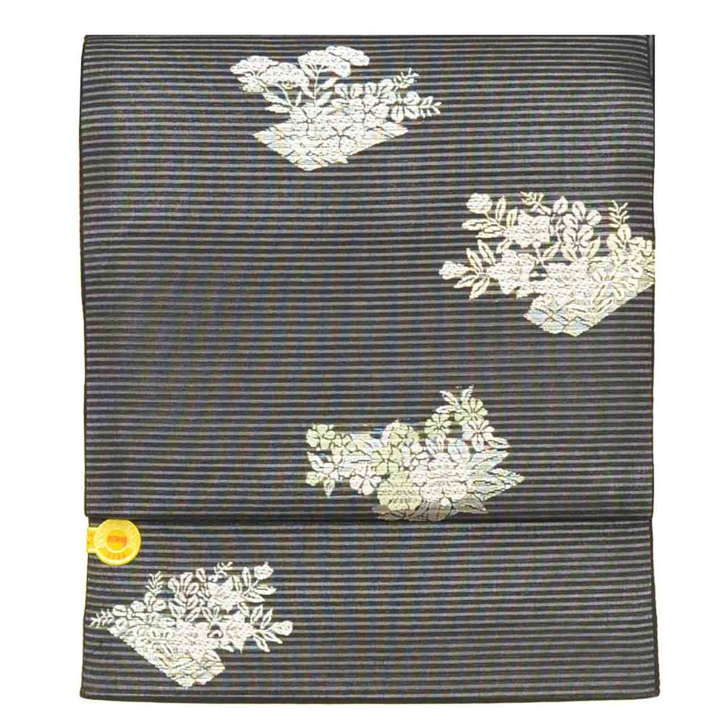 Vintage Japanese Obi | Summer Nagoya Obi | Black Mixed Weave Ro | Floral | Nishijin Certified | Silver Thread | Sustainable | uu1262b