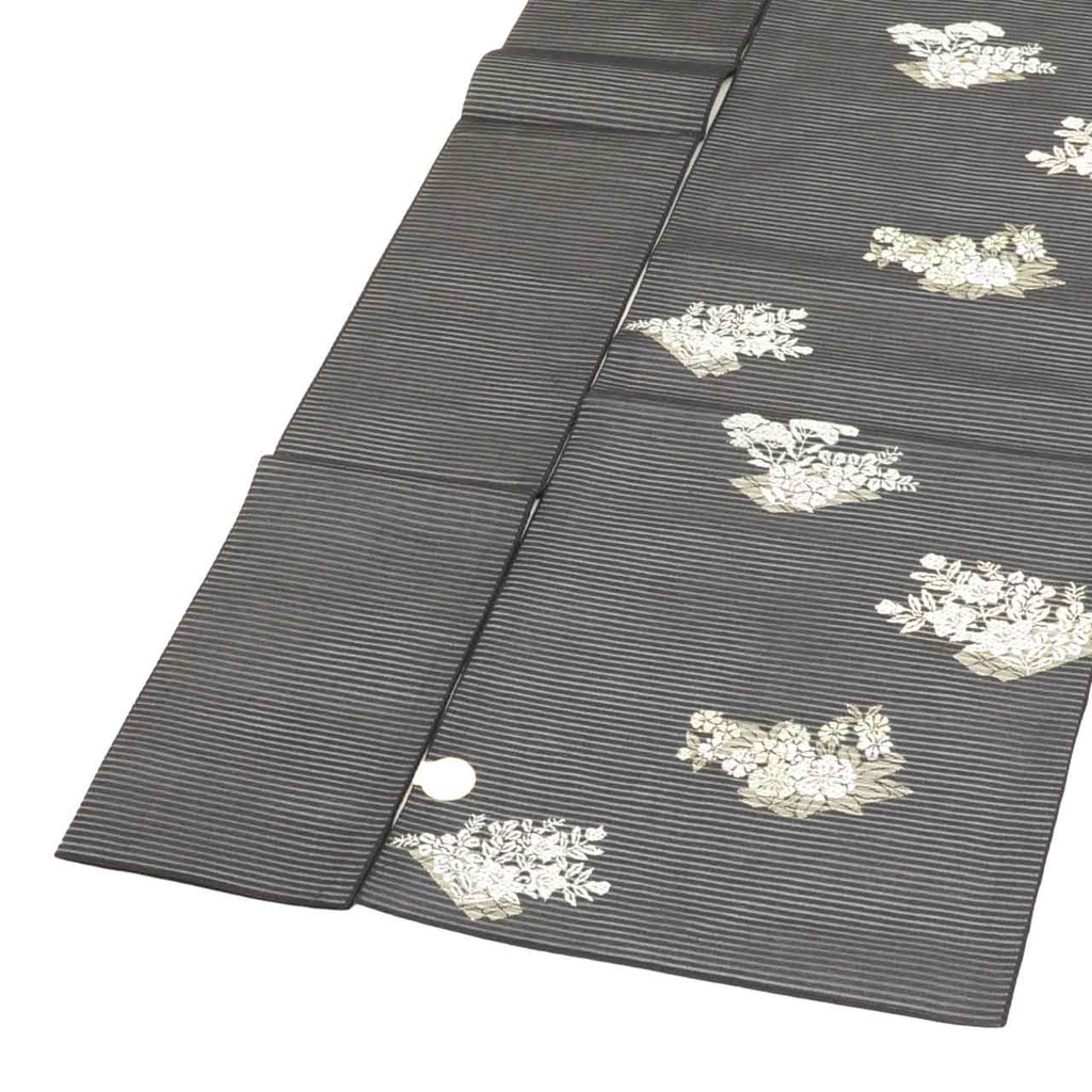 Vintage Japanese Obi | Summer Nagoya Obi | Black Mixed Weave Ro | Floral | Nishijin Certified | Silver Thread | Sustainable | uu1262b