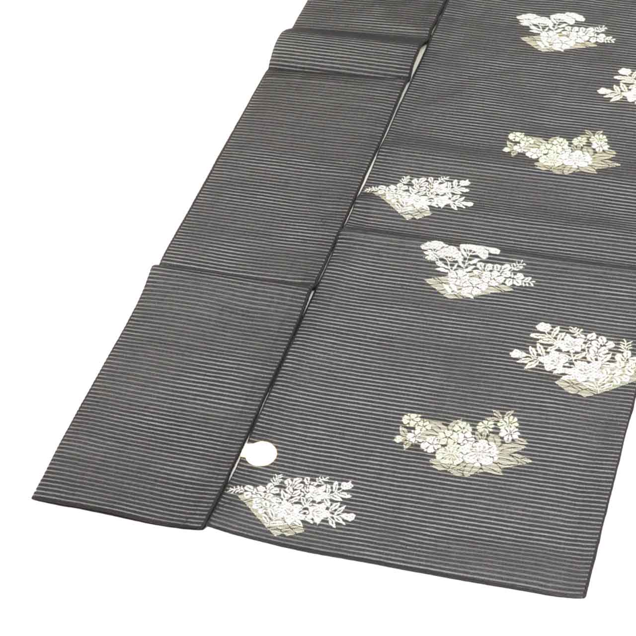 Vintage Japanese Obi | Summer Nagoya Obi | Black Mixed Weave Ro | Floral | Nishijin Certified | Silver Thread | Sustainable | uu1262b