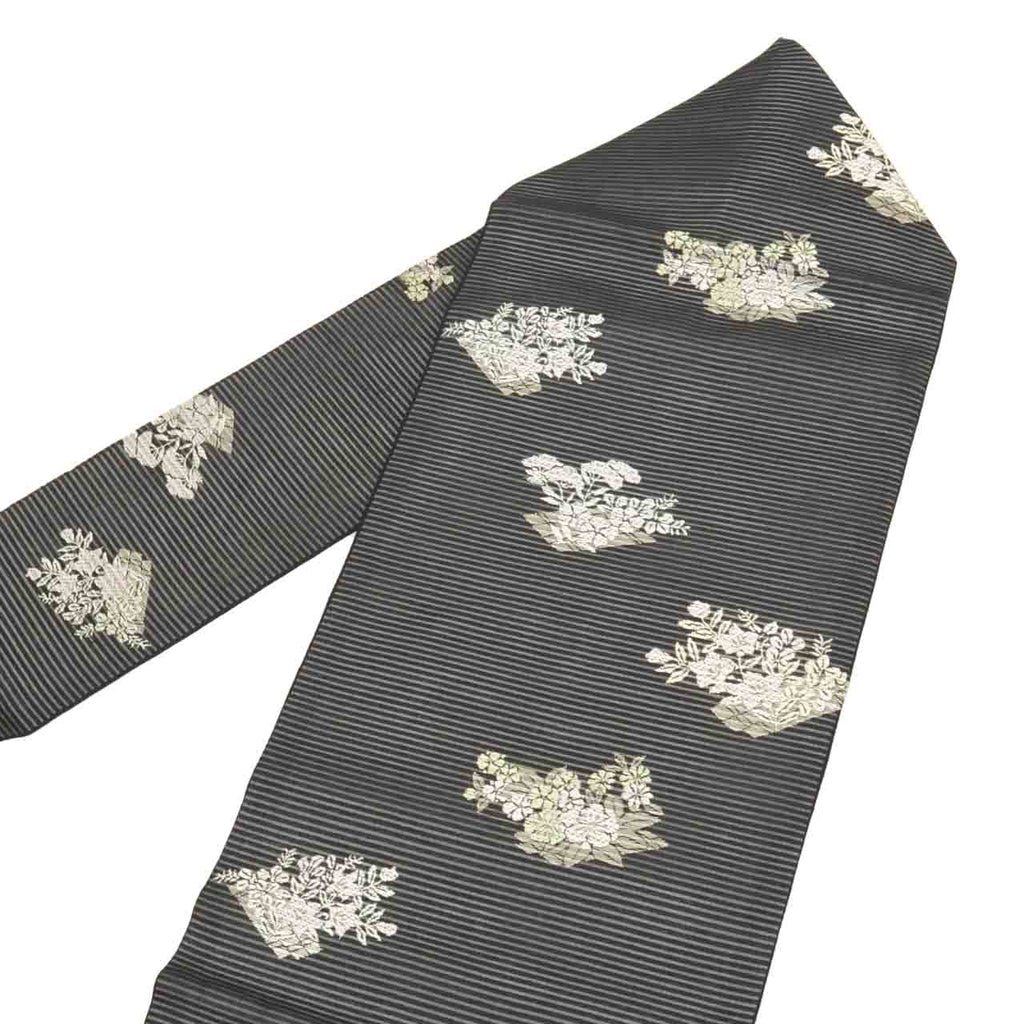 Vintage Japanese Obi | Summer Nagoya Obi | Black Mixed Weave Ro | Floral | Nishijin Certified | Silver Thread | Sustainable | uu1262b