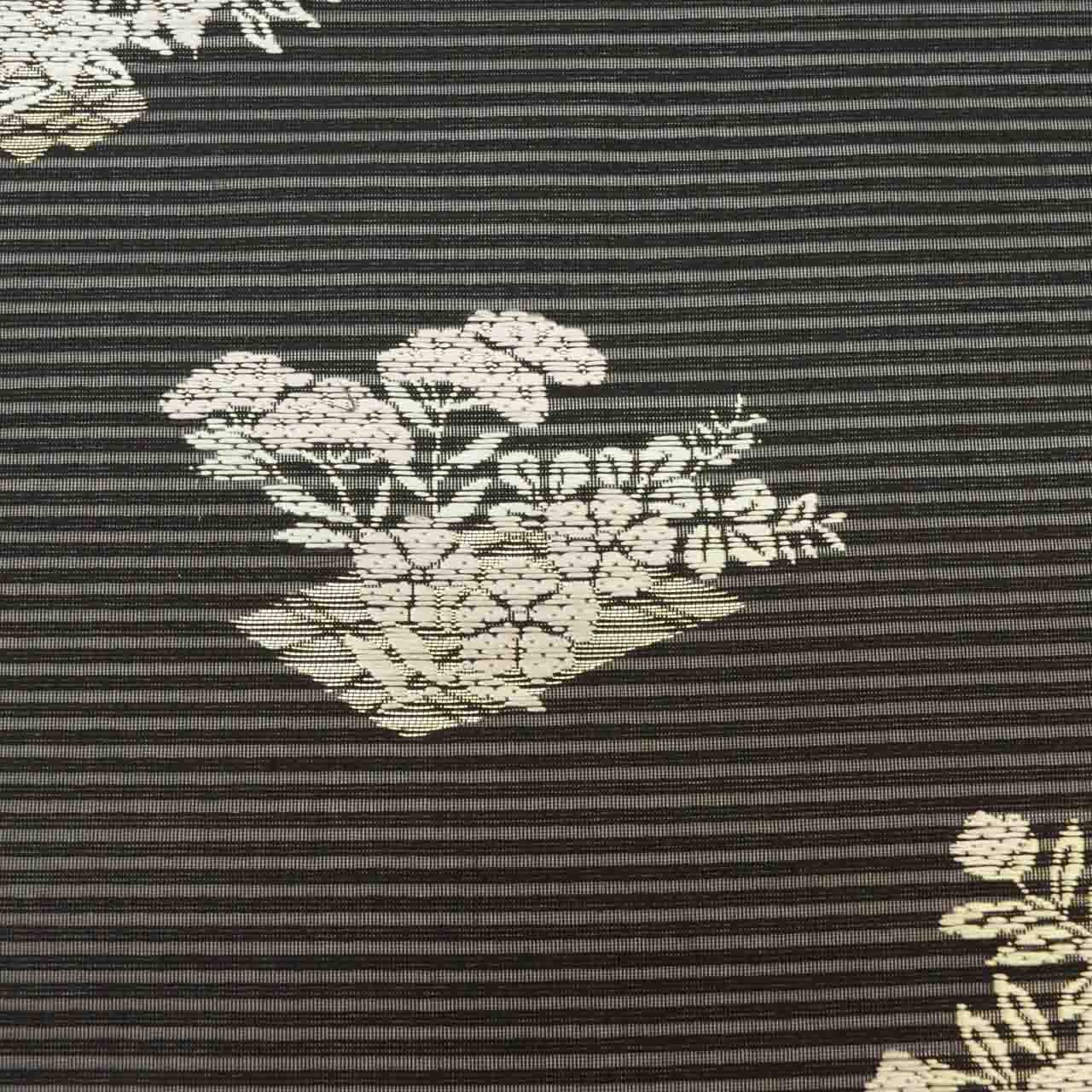 Vintage Japanese Obi | Summer Nagoya Obi | Black Mixed Weave Ro | Floral | Nishijin Certified | Silver Thread | Sustainable | uu1262b