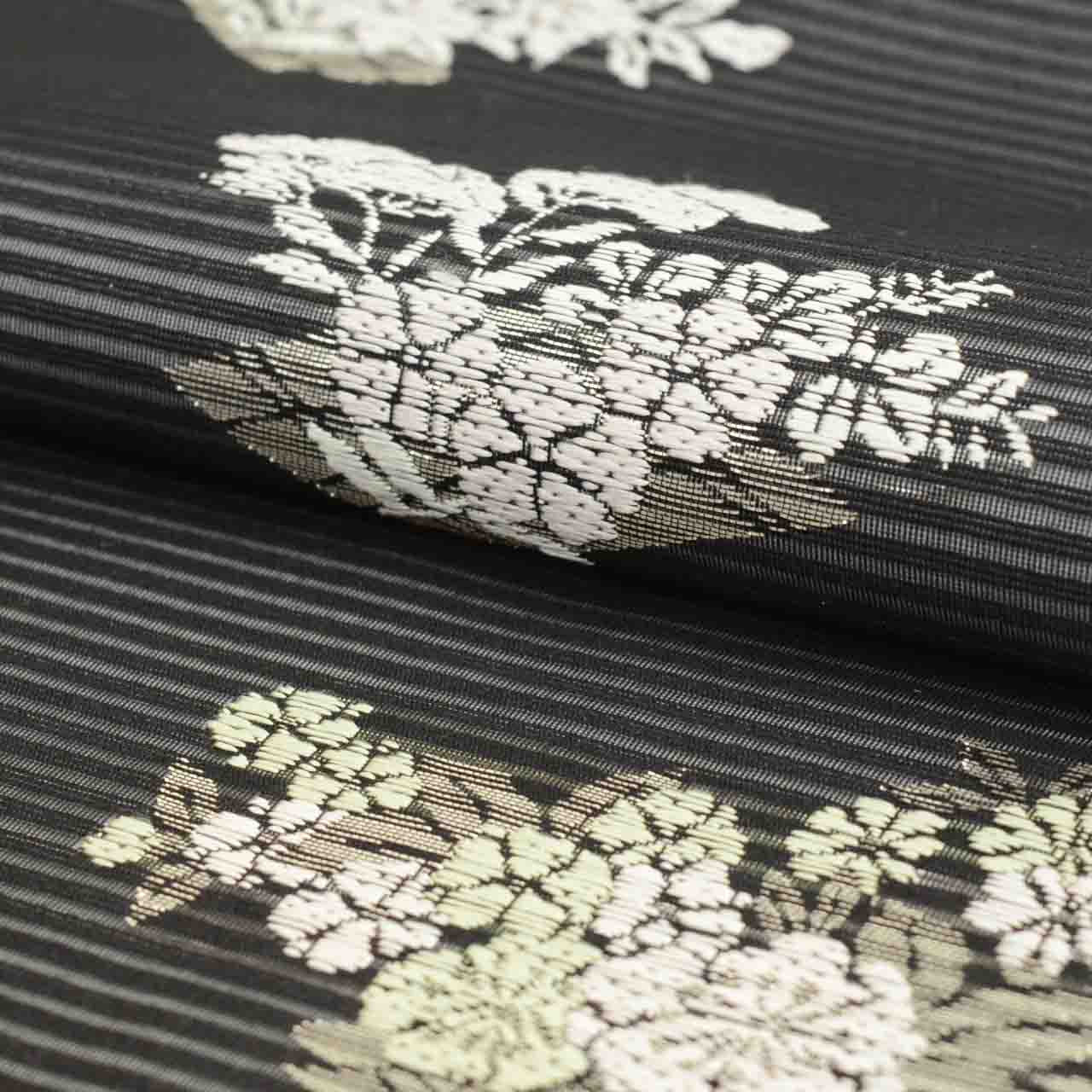 Vintage Japanese Obi | Summer Nagoya Obi | Black Mixed Weave Ro | Floral | Nishijin Certified | Silver Thread | Sustainable | uu1262b