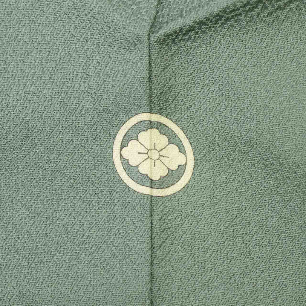 Vintage Japanese Kimono | Tsukesage | Green Silk | Fan Paper Floral | Suzhou Embroidery | Three Crests | Sustainable | uu1269b