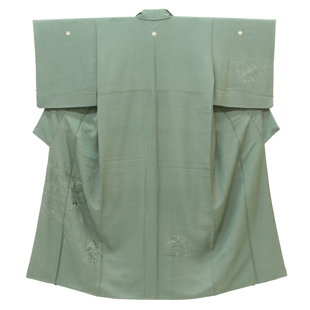 Vintage Japanese Kimono | Tsukesage | Green Silk | Fan Paper Floral | Suzhou Embroidery | Three Crests | Sustainable | uu1269b