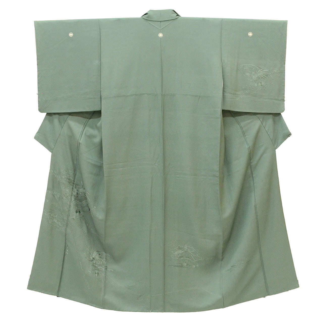 Vintage Japanese Kimono | Tsukesage | Green Silk | Fan Paper Floral | Suzhou Embroidery | Three Crests | Sustainable | uu1269b