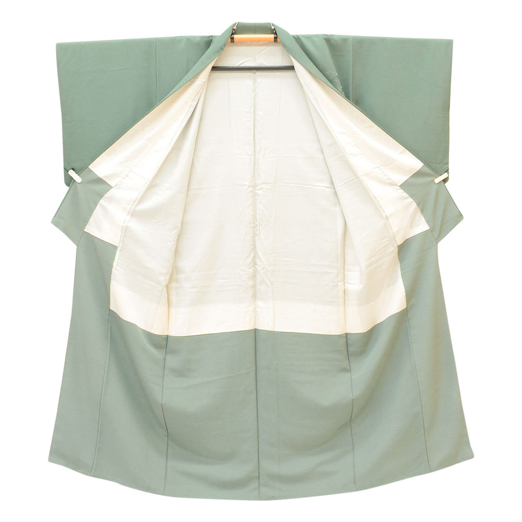 Vintage Japanese Kimono | Tsukesage | Green Silk | Fan Paper Floral | Suzhou Embroidery | Three Crests | Sustainable | uu1269b