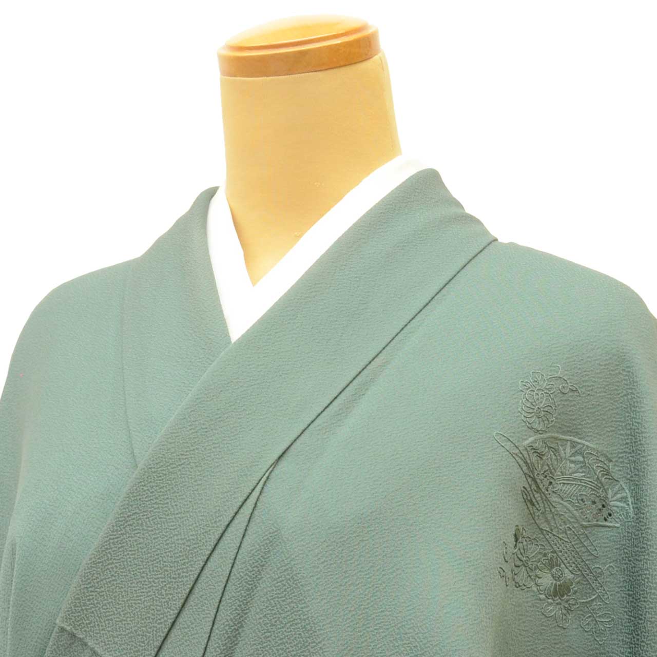 Vintage Japanese Kimono | Tsukesage | Green Silk | Fan Paper Floral | Suzhou Embroidery | Three Crests | Sustainable | uu1269b