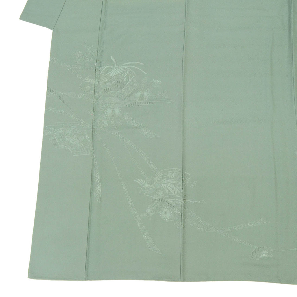 Vintage Japanese Kimono | Tsukesage | Green Silk | Fan Paper Floral | Suzhou Embroidery | Three Crests | Sustainable | uu1269b