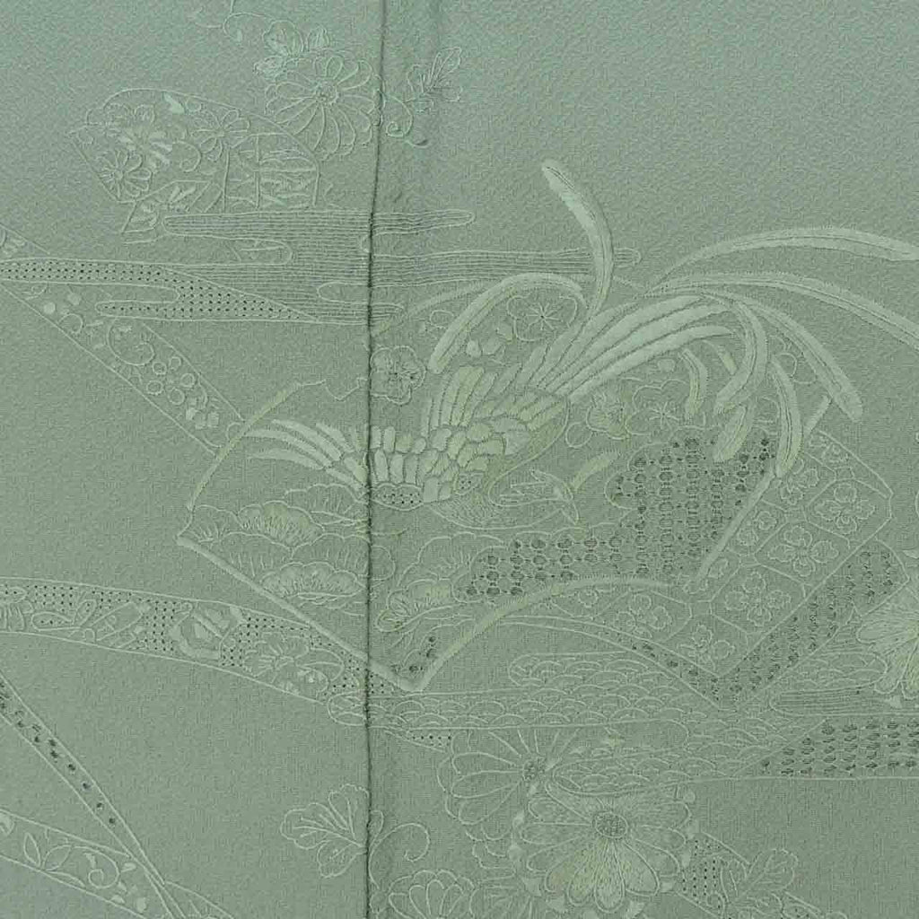 Vintage Japanese Kimono | Tsukesage | Green Silk | Fan Paper Floral | Suzhou Embroidery | Three Crests | Sustainable | uu1269b