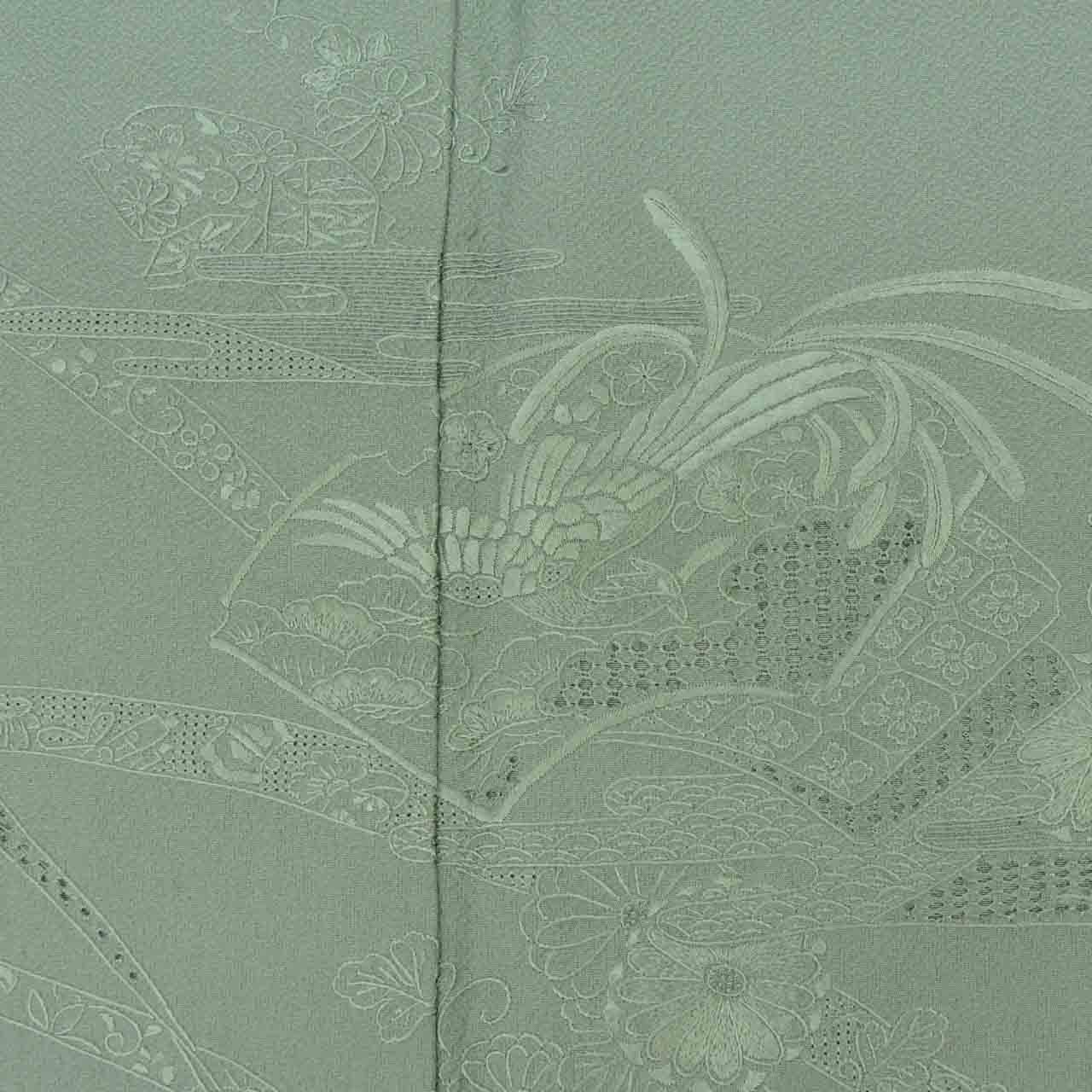 Vintage Japanese Kimono | Tsukesage | Green Silk | Fan Paper Floral | Suzhou Embroidery | Three Crests | Sustainable | uu1269b