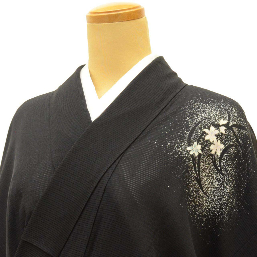 Vintage Japanese Kimono | Summer Houmongi-Tsukesage | Black Silk Ro | Floral | Petite Size S | Sustainable | uu1276b