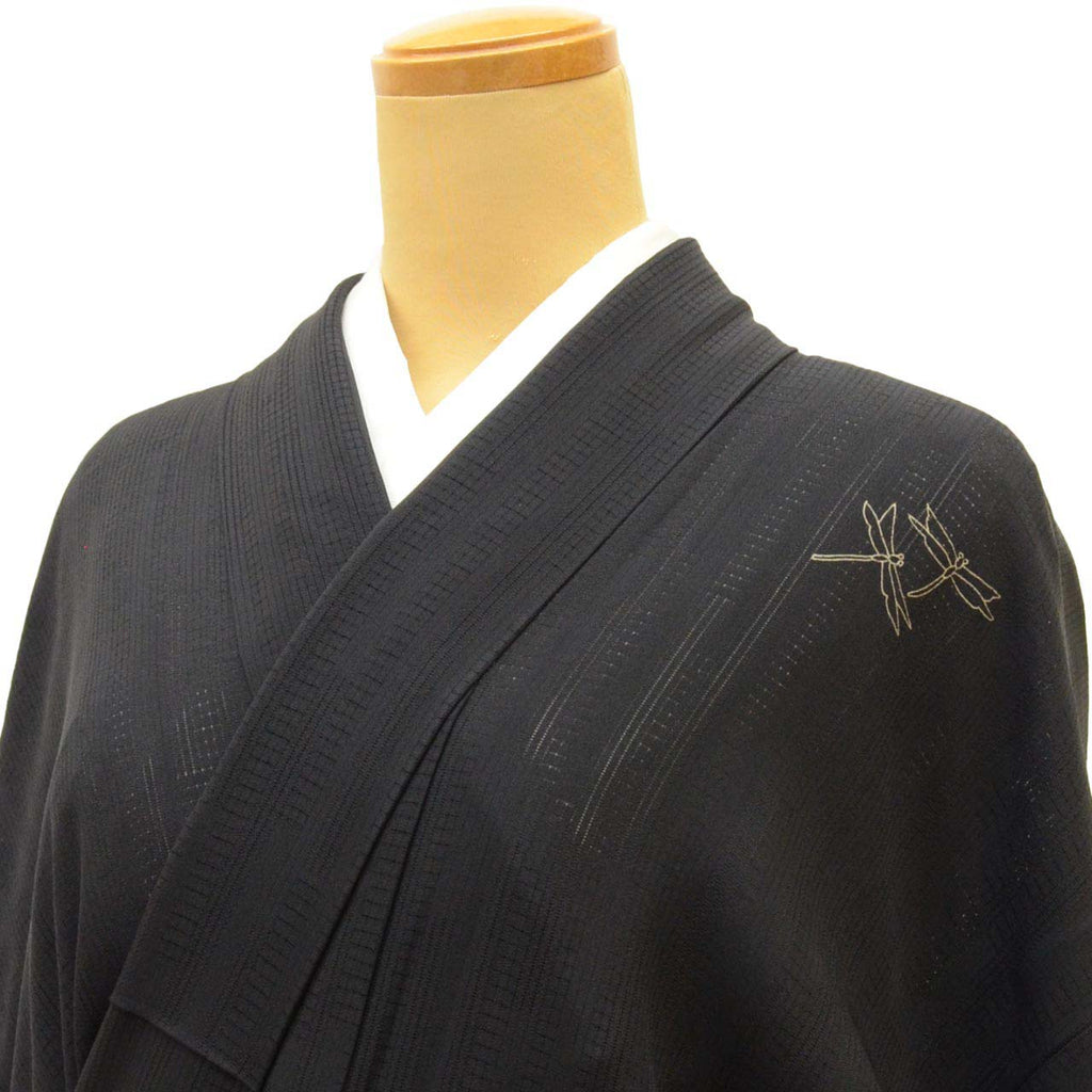 Vintage Japanese Kimono | Summer Tsukesage | Black Silk Ro | Dragonfly Pattern | Size L | Sustainable | uu1279b