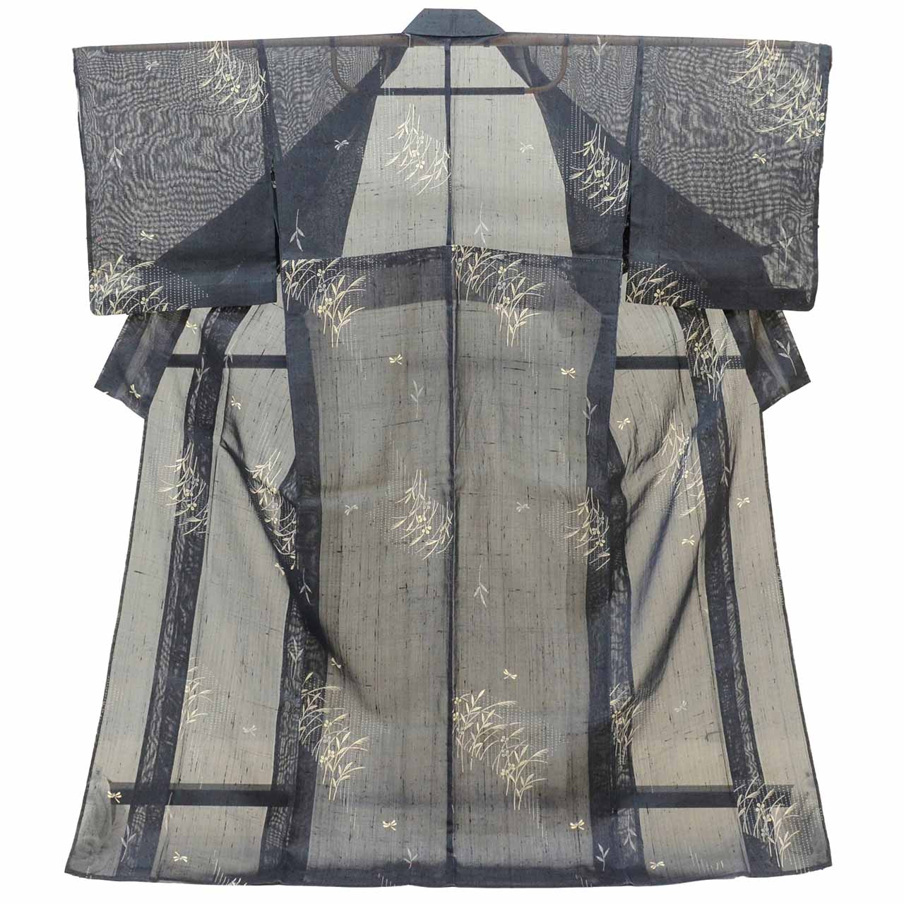 Vintage Japanese Kimono | Summer Kinu-basho | Navy Silk Banana Fiber | Dragonfly Autumn Botanical | Tall Size LL | Sustainable | uu1282b
