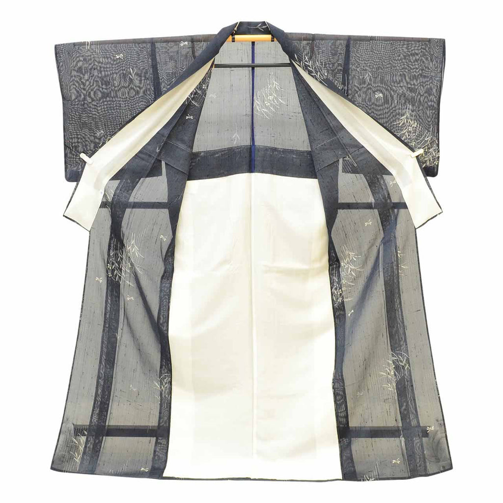 Vintage Japanese Kimono | Summer Kinu-basho | Navy Silk Banana Fiber | Dragonfly Autumn Botanical | Tall Size LL | Sustainable | uu1282b
