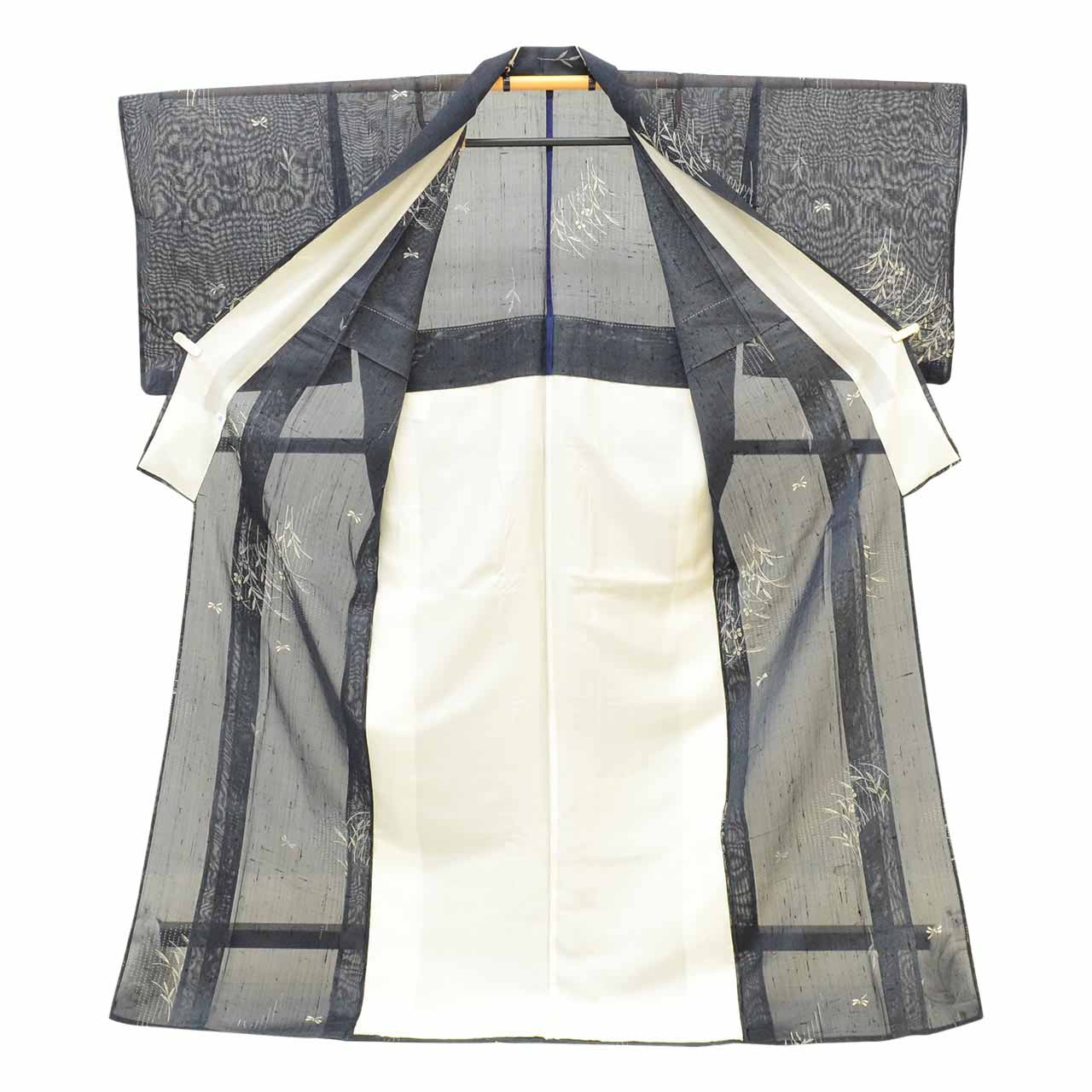 Vintage Japanese Kimono | Summer Kinu-basho | Navy Silk Banana Fiber | Dragonfly Autumn Botanical | Tall Size LL | Sustainable | uu1282b