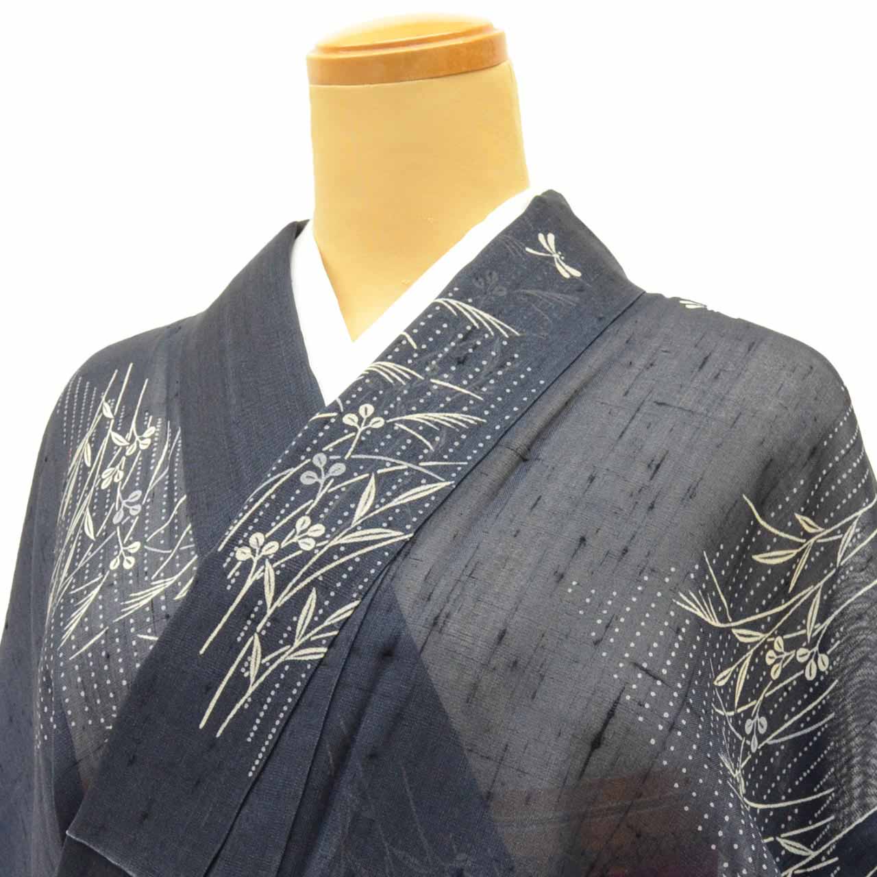 Vintage Japanese Kimono | Summer Kinu-basho | Navy Silk Banana Fiber | Dragonfly Autumn Botanical | Tall Size LL | Sustainable | uu1282b