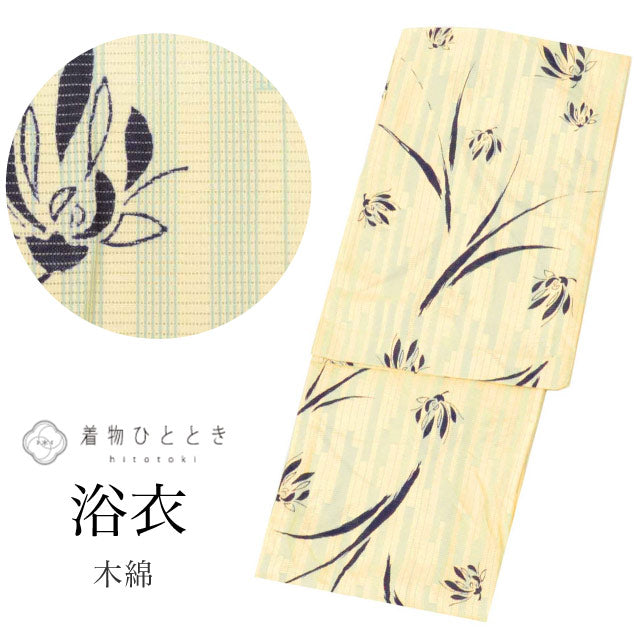 【中古】 浴衣 単品 木綿 リサイクル浴衣 レディース 裄65cm 身丈153cm S ベージュ色系 花文様 綿絽 uu1287b