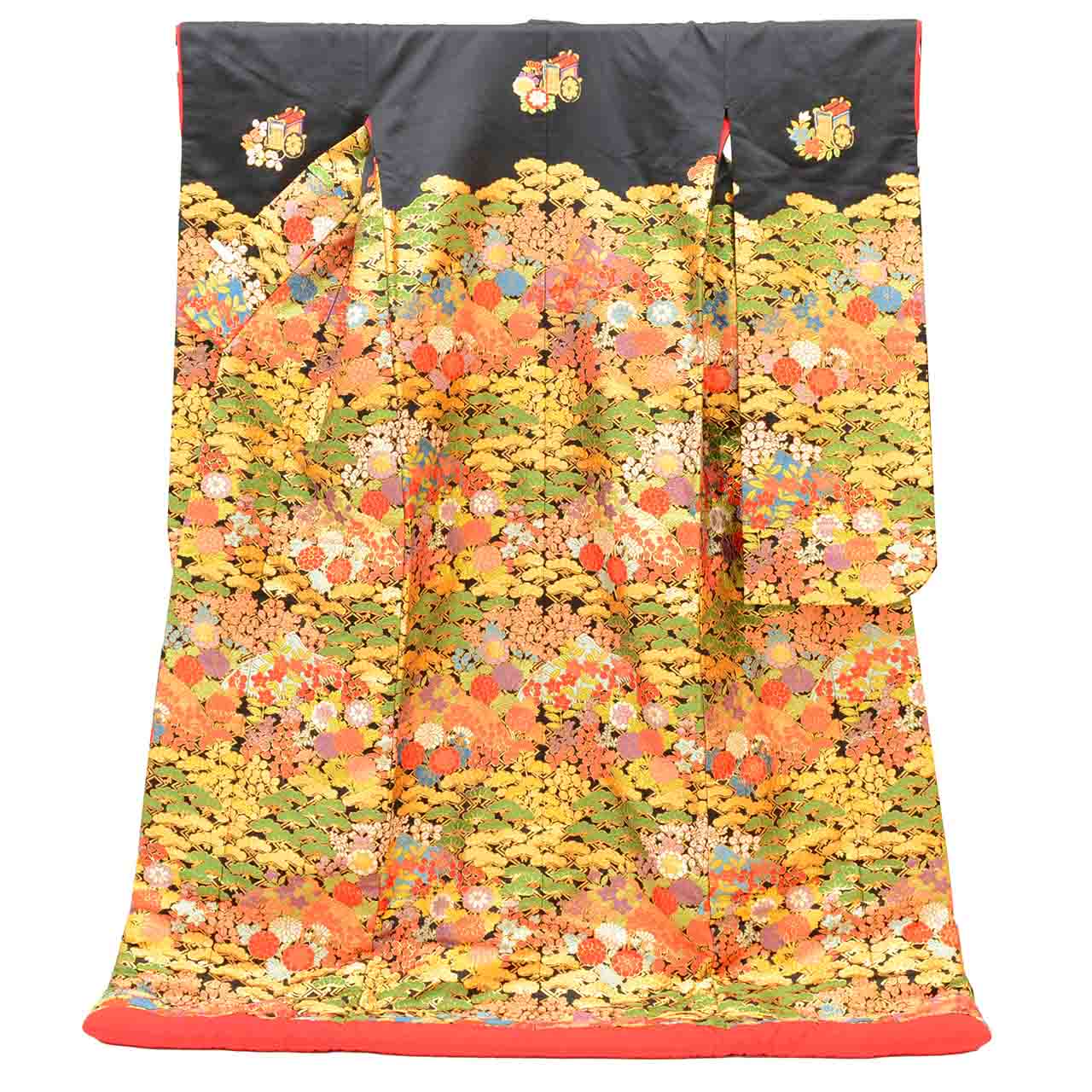 [Used] Recycled Kimono, Irouchikake (Wedding Kimono), Pure Silk, Sleeve Length 67.0cm (26.4in), Body Length 198.0cm (78.0in), Size LL, Black, Colorful Pine Tree Pattern, Tang Dynasty Weave, Gold Thread, uu1301b 