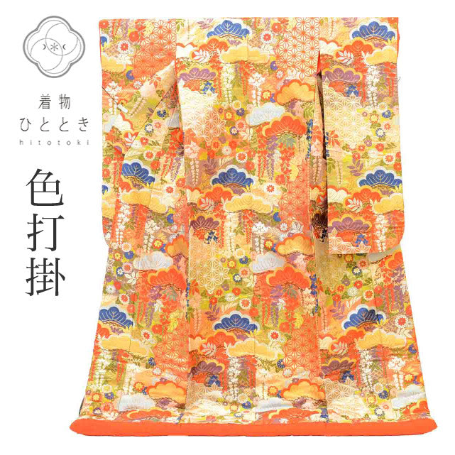 【中古】 リサイクル着物 色打掛 花嫁衣装 正絹 裄66cm 身丈202cm LL 緑色系 彩り松文様 唐織 金糸 uu1302b