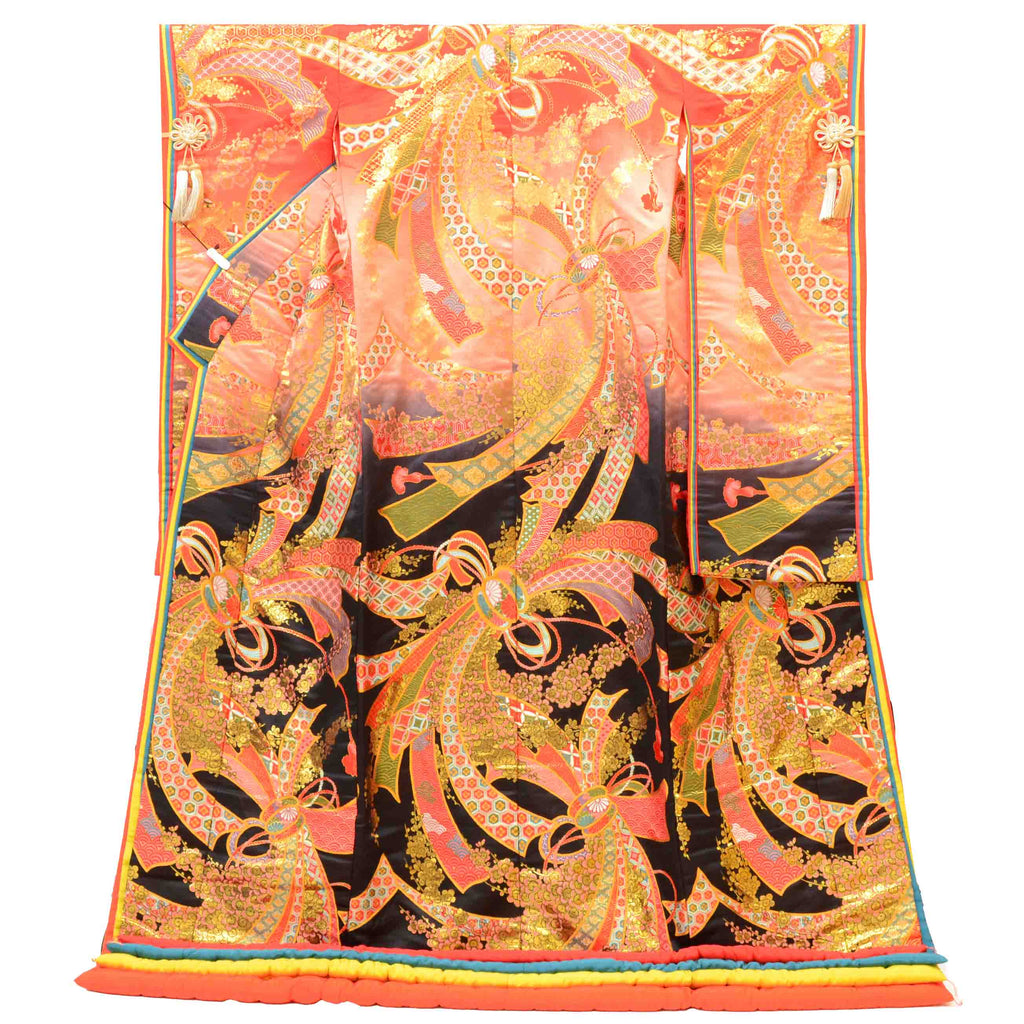 [Used] Recycled Kimono, Irouchikake (Wedding Kimono), Pure Silk, Sleeve Length 66.5cm (26.2in), Body Length 190.0cm (74.8in), Size L, Orange, Bundled Noshi Pattern, Lined, Tang Weave, Gold Thread, Twelve-Layer Kimono Style, uu1305b 